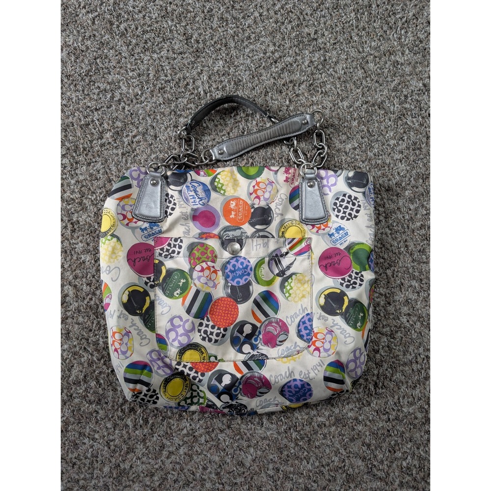 Coach Poppy Button Scarf Print Multi Color Tote Bag Silver Trim H0973-14461